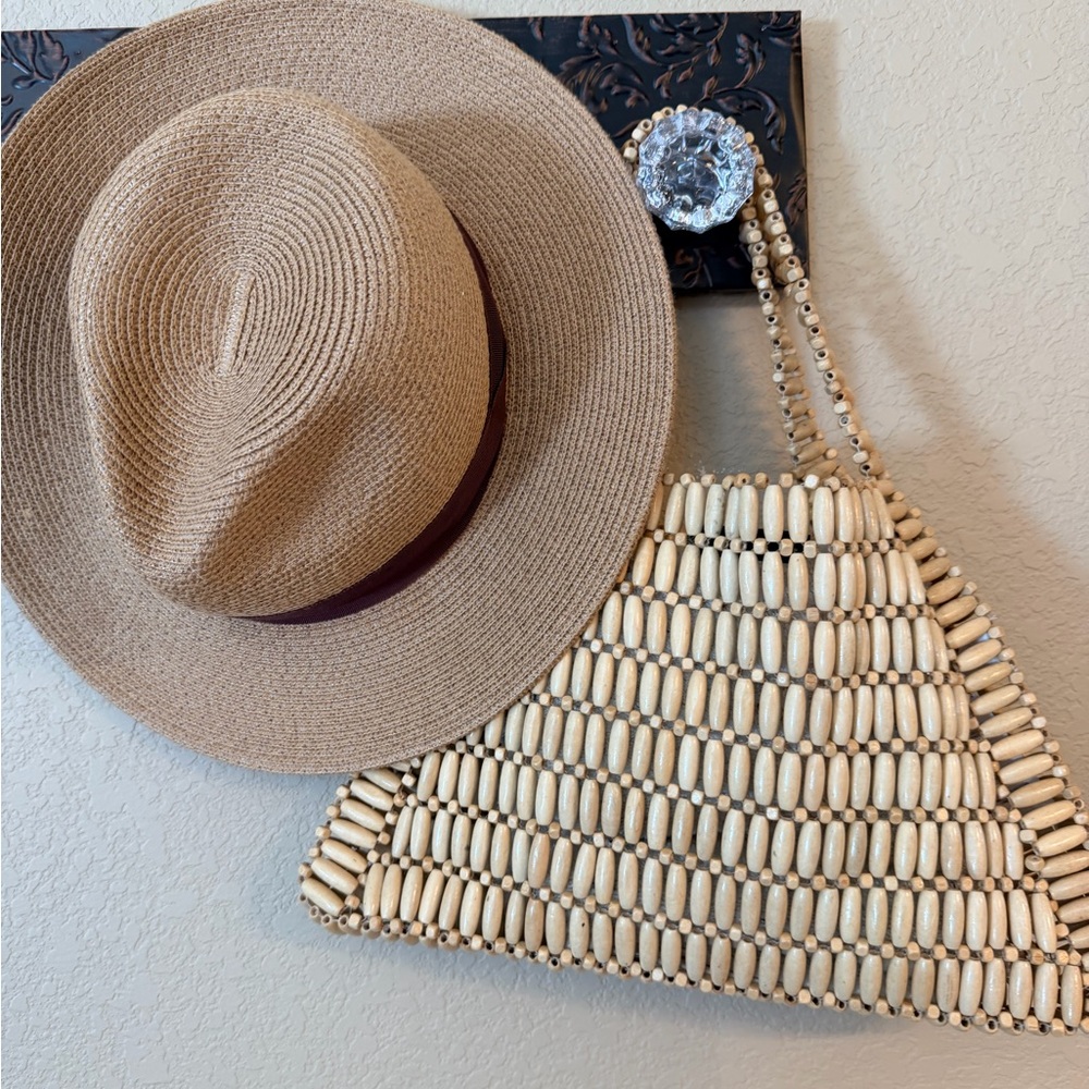 Anthropologie Tan Straw Hat and Cream Beaded Bag